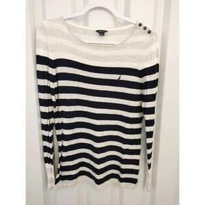 Nautica Top Striped Top Button Sleeve Large Navy Blue Gray